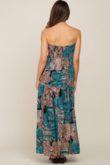 Teal Printed Halter Tassel Front Tie Maternity Maxi Dress