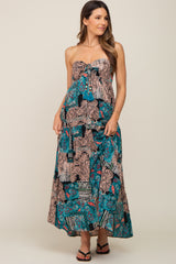 Teal Printed Halter Tassel Front Tie Maternity Maxi Dress