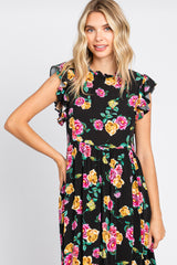 Black Floral Ruffle Shoulder Tiered Midi Dress