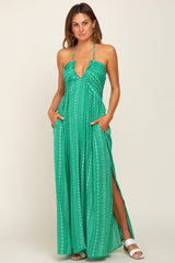 Green Halter Printed Side Slit Maxi Dress