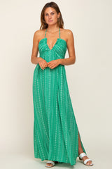 Green Halter Printed Side Slit Maxi Dress