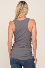 Charcoal Ribbed Sleeveless Ruched Tank Top