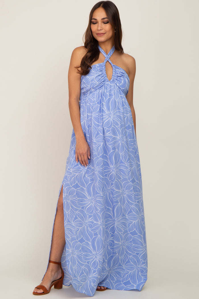 Blue Floral Halter Neck Maternity Maxi Dress