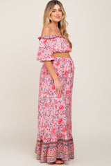 Pink Floral Off Shoulder Maternity Maxi Skirt Set