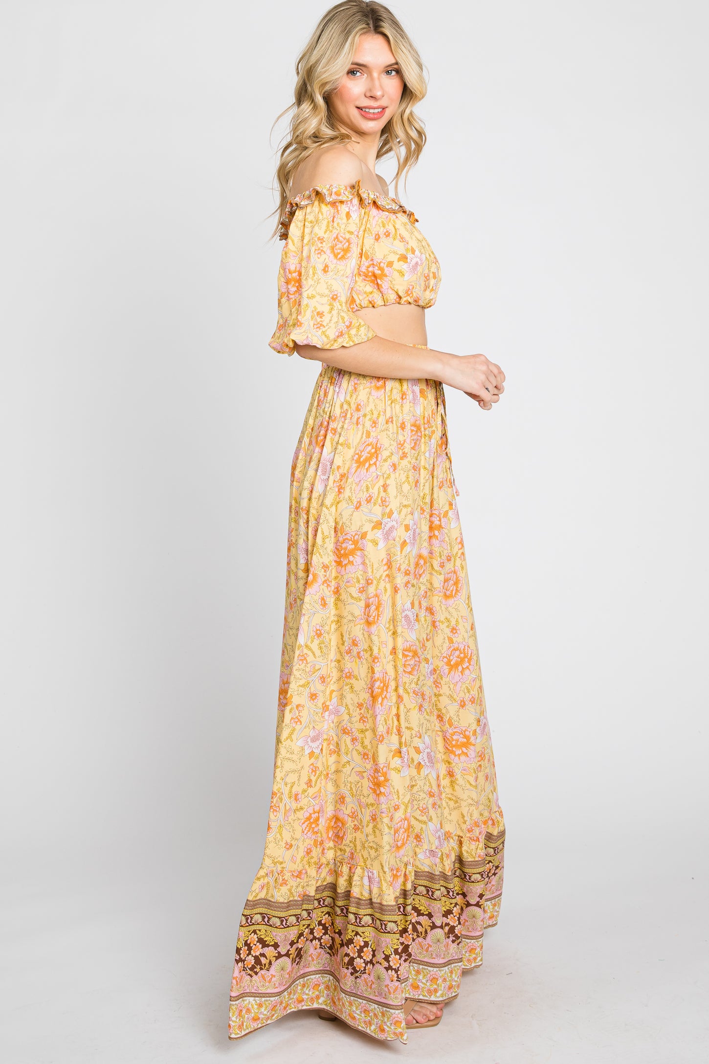 Yellow Floral Off Shoulder Maxi Skirt Set