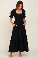 Black Puff Sleeve Ruffle Accent Maxi Dress