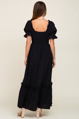 Black Puff Sleeve Ruffle Accent Maxi Dress