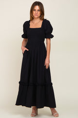 Black Puff Sleeve Ruffle Accent Maxi Dress