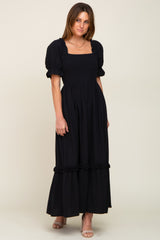 Black Puff Sleeve Ruffle Accent Maxi Dress