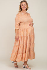 Peach Ditsy Smocked Tiered Off Shoulder Maternity Plus Midi Dress