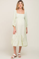 Light Green Striped 3/4 Cinched Sleeve Tiered Maternity Midi Dress