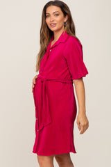 Magenta Pleated Button Front Tied Waist Maternity Dress