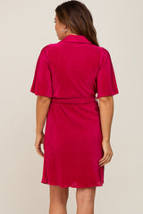 Magenta Pleated Button Front Tied Waist Maternity Dress