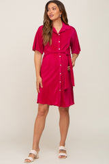 Magenta Pleated Button Front Tied Waist Maternity Dress