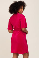 Magenta Pleated Button Front Tied Waist Dress