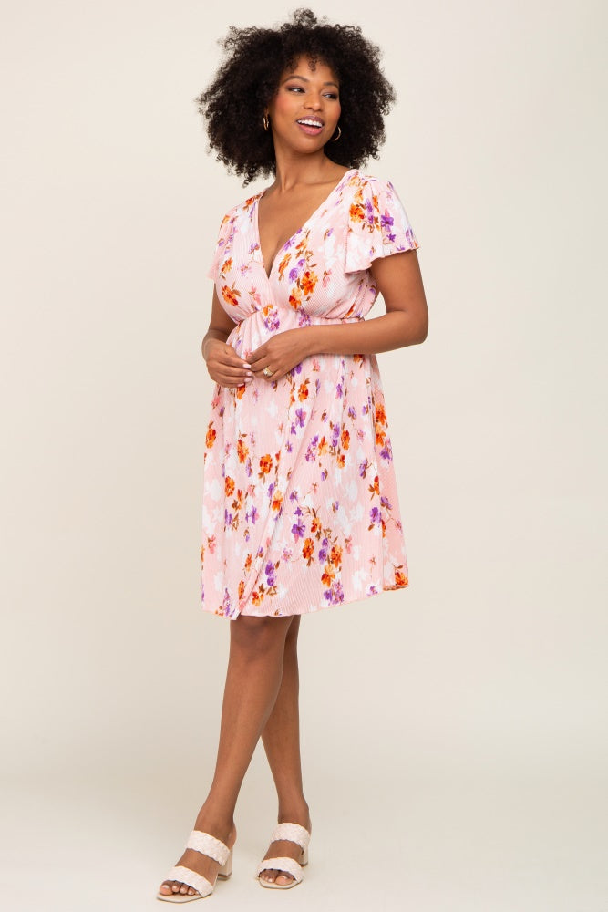 Pink Floral Pleated V-Neck Short Sleeve Dress