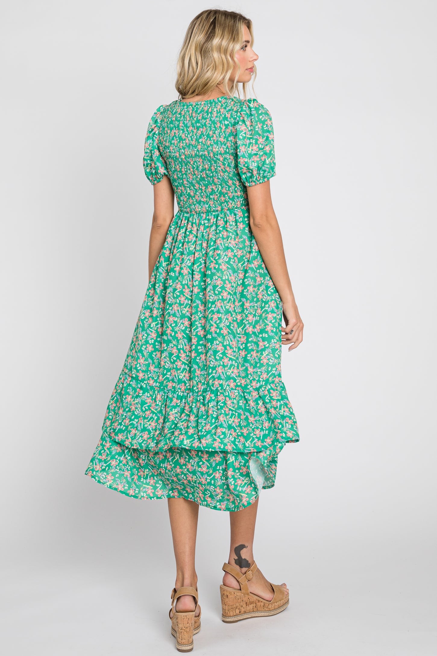 Green Floral Smocked Layered Midi Dress