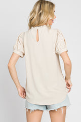 Beige Ruffle Mock Neck Blouse Top