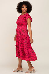 Fuchsia Print Smocked Ruffle Tiered Midi Dress