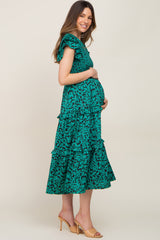 Green Print Smocked Ruffle Tiered Maternity Midi Dress