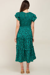 Green Print Smocked Ruffle Tiered Maternity Midi Dress