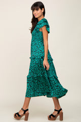 Green Print Smocked Ruffle Tiered Midi Dress