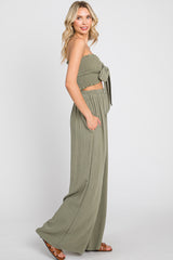 Olive Front Tie Crop Top and Pant Set