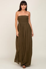 Olive Smocked Strapless Wide Leg Maternity Jumpsuit