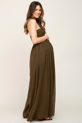 Olive Smocked Strapless Wide Leg Maternity Jumpsuit