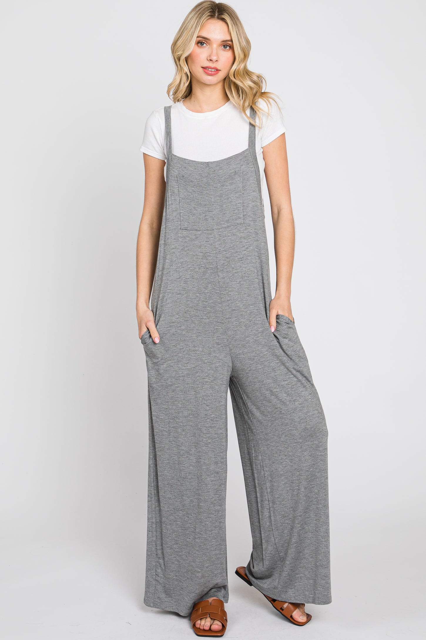Heather Grey Sleeveless Pocketed Wide Leg Maternity Jumpsuit