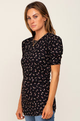 Black Floral Side Ruched Short Sleeve Top