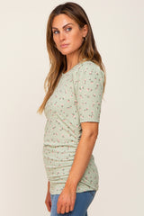 Light Olive Floral Side Ruched Short Sleeve Top