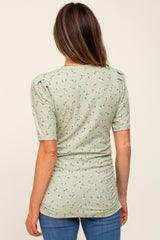 Light Olive Floral Side Ruched Short Sleeve Top