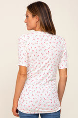 Ivory Floral Side Ruched Short Sleeve Top