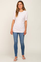 Ivory Floral Side Ruched Short Sleeve Top