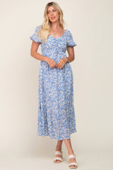 Blue Floral Sweetheart Drawstring Neck Short Sleeve Maternity Midi Dress