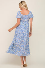 Blue Floral Sweetheart Drawstring Neck Short Sleeve Midi Dress
