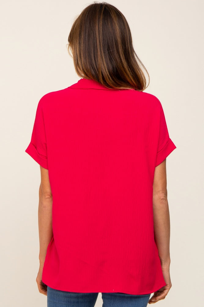 Fuchsia Collared Button-Down Short Sleeve Blouse