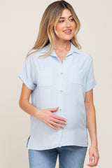 Light Blue Collared Button-Down Short Sleeve Maternity Blouse