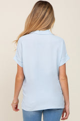 Light Blue Collared Button-Down Short Sleeve Maternity Blouse