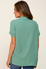 Green Collared Button-Down Short Sleeve Blouse