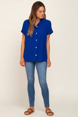 Royal Blue Collared Button-Down Short Sleeve Blouse