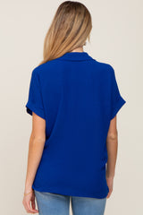 Royal Blue Collared Button-Down Short Sleeve Maternity Blouse