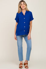 Royal Blue Collared Button-Down Short Sleeve Maternity Blouse