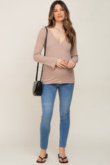 Taupe Ribbed Long Sleeve Wrap Maternity Nursing Top