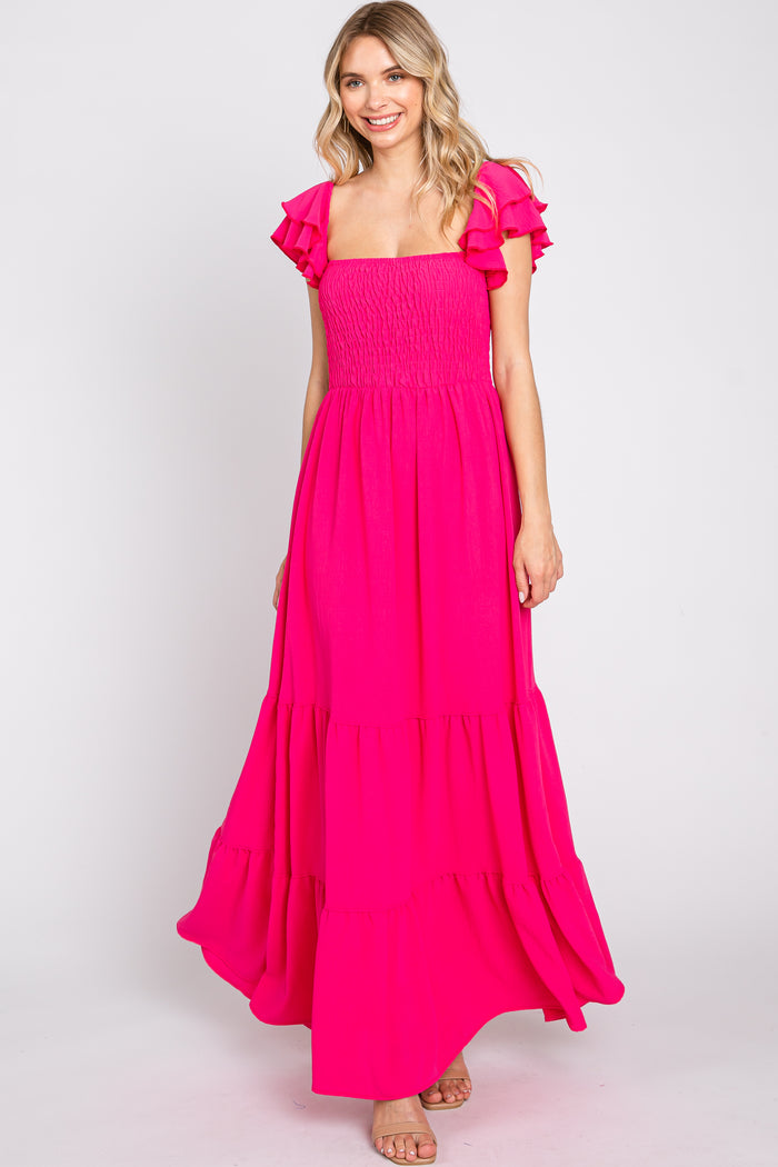 Fuchsia Smocked Ruffle Off Shoulder Tiered Maternity Maxi Dress