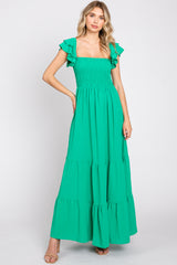 Green Smocked Ruffle Off Shoulder Tiered Maternity Maxi Dress