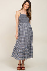 Black Gingham Smocked Maternity Midi Dress