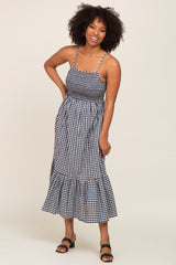 Black Gingham Smocked Midi Dress