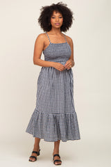 Black Gingham Smocked Maternity Midi Dress